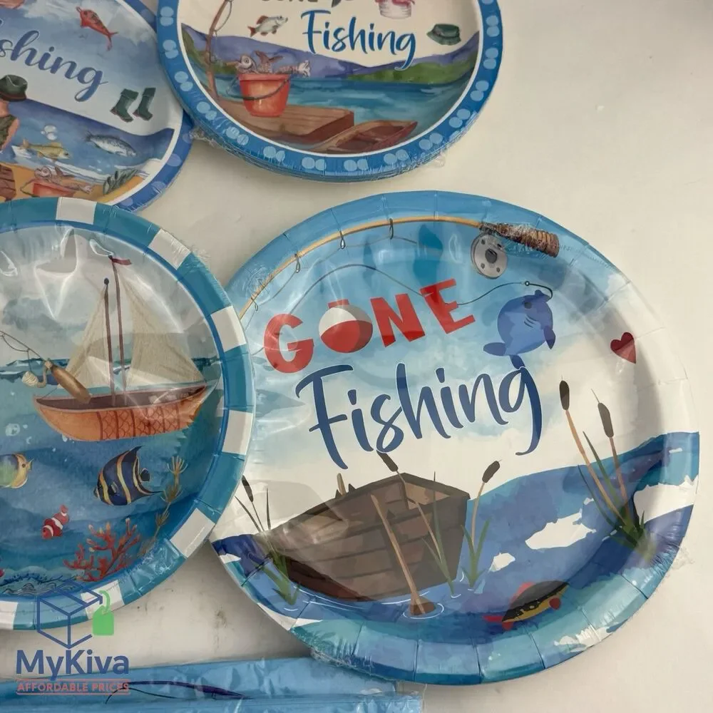 Fishing Birthday Party Paper Plates & Napkins Set Disposable Fisherman Tableware